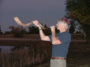 My husband blowing the shofar at sunset on Yom Teruah